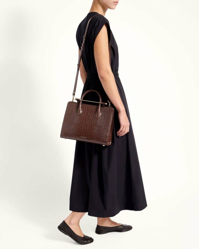 Strathberry Embossed Edit Bags Midi Tote Women Croc-Embossed Leather Chocolate