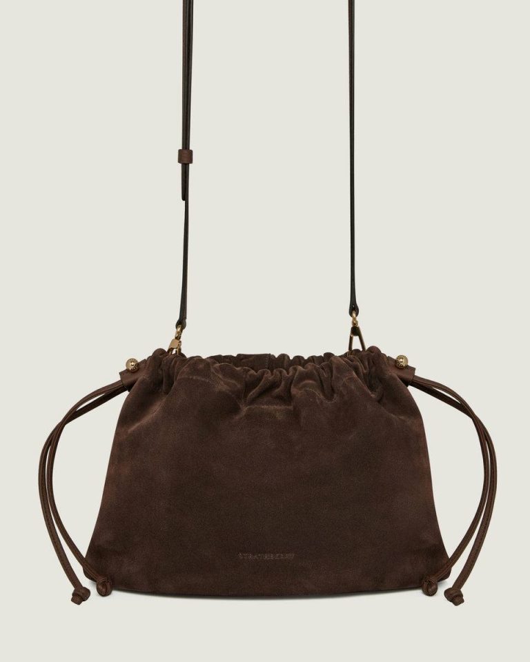 Women Charlotte Midi Drawstring Strathberry Shoulder Bags Chocolate Suede - Image 2