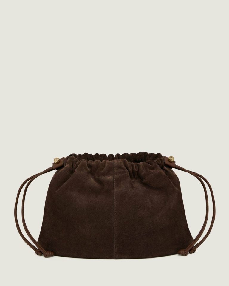 Women Charlotte Midi Drawstring Strathberry Shoulder Bags Chocolate Suede - Image 3