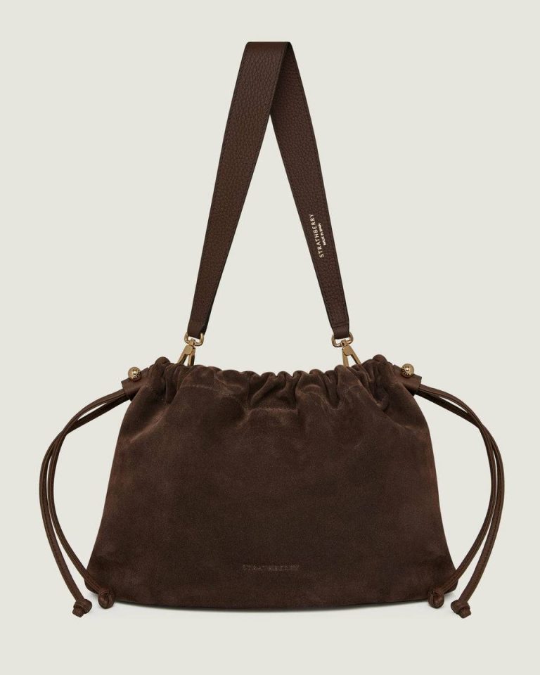 Women Charlotte Midi Drawstring Strathberry Shoulder Bags Chocolate Suede - Image 4