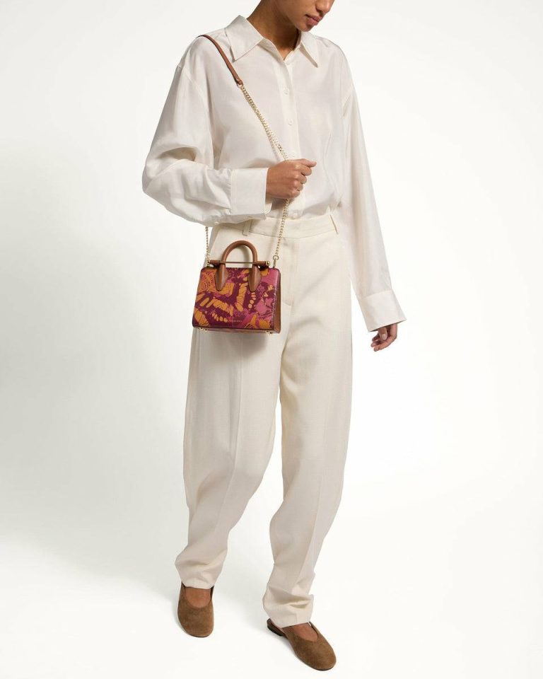 Women Raspberry/Chestnut Butterfly Print Strathberry Totes & Top Handle Bags Nano Tote