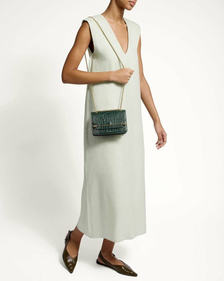 Women Shoulder Bags Croc-Embossed Leather Bottle Green Strathberry East/West Mini