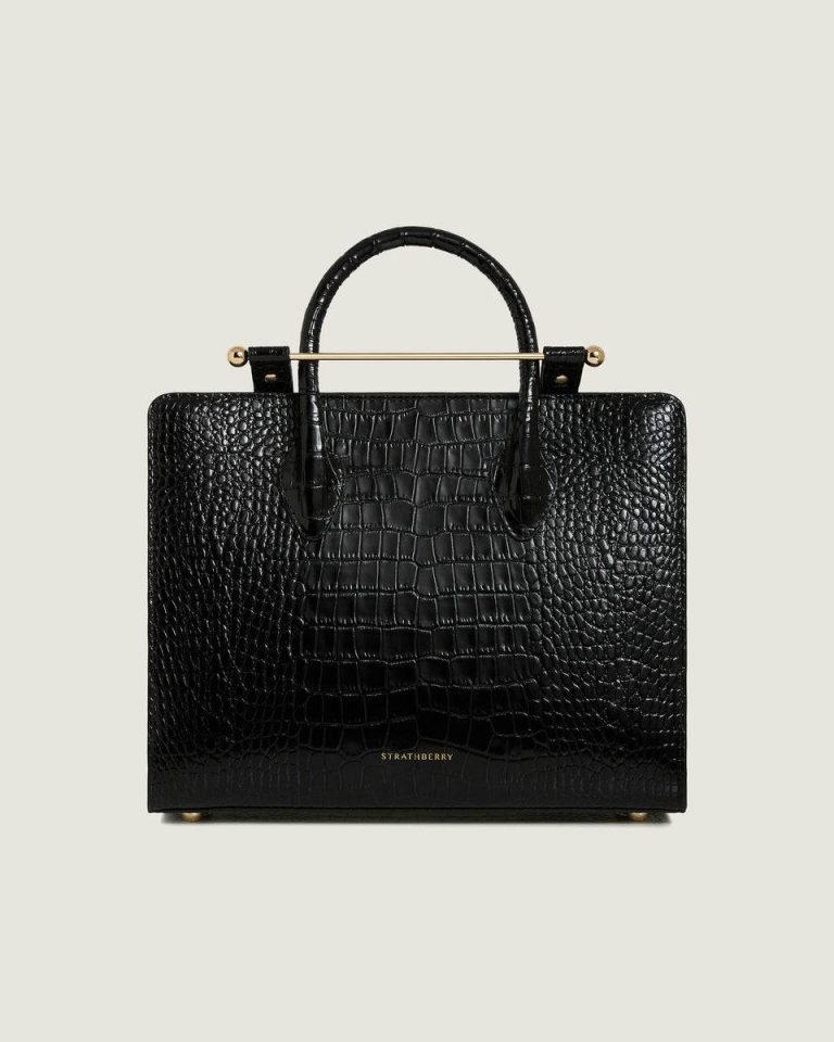 Women Shoulder Bags Strathberry Croc-Embossed Leather Black Midi Tote - Image 3