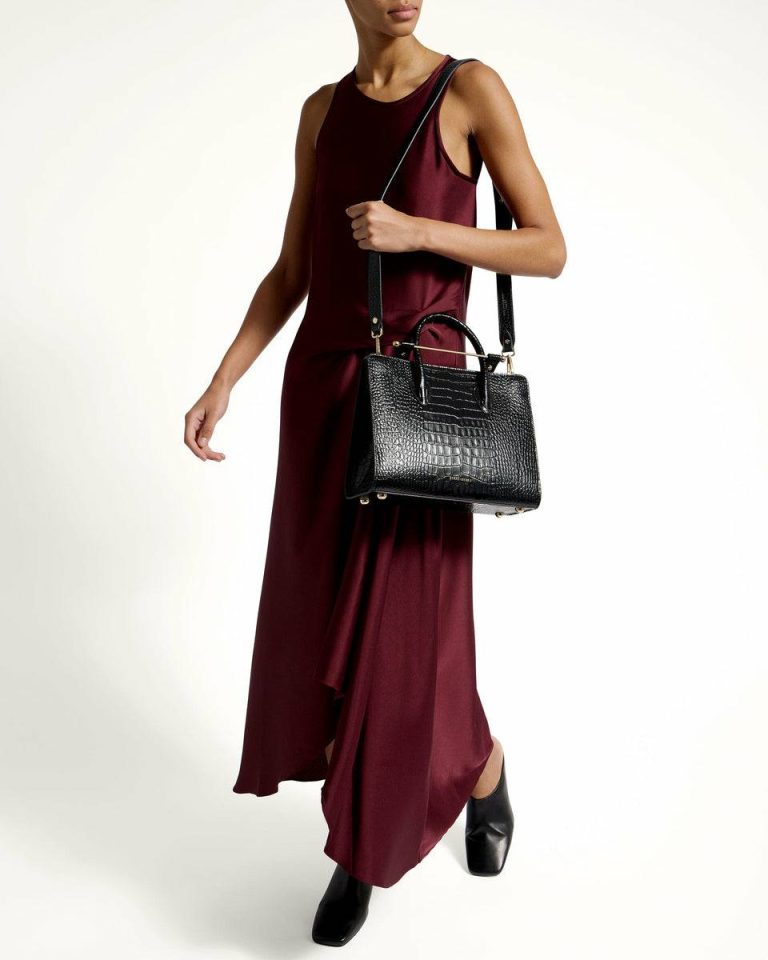 Women Shoulder Bags Strathberry Croc-Embossed Leather Black Midi Tote