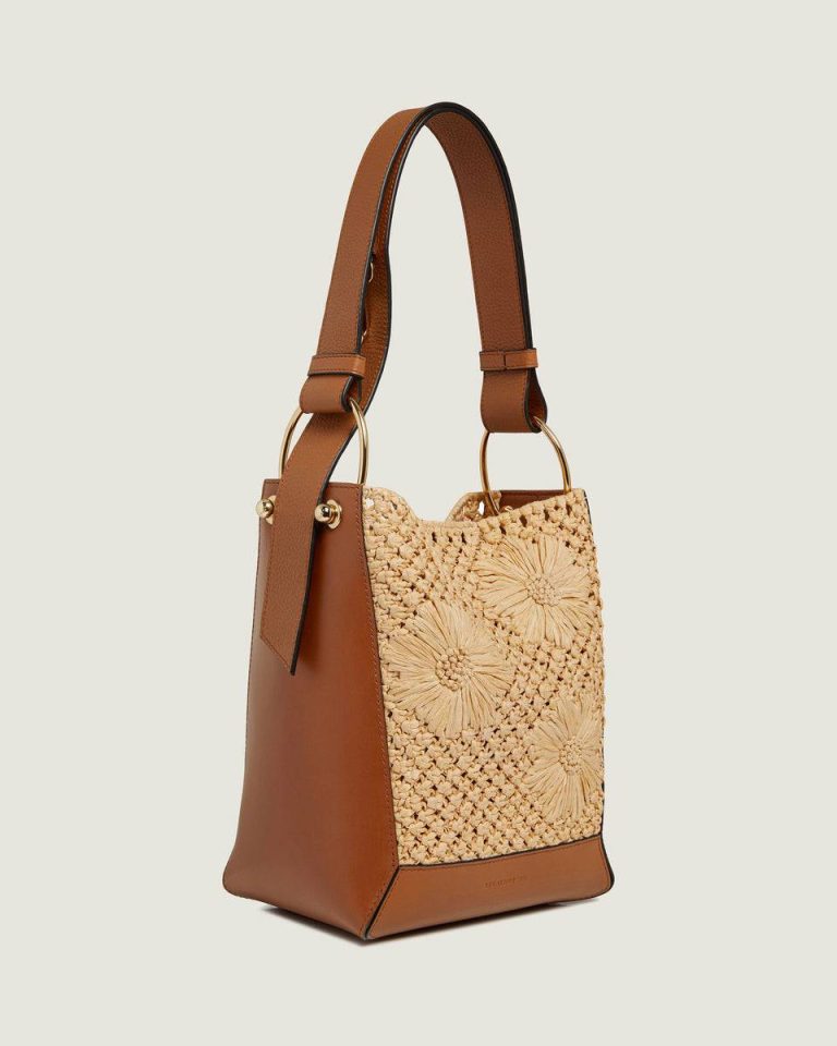 Women Strathberry Shoulder Bags Lana Midi Bucket Bag Floral Paper Raffia/Tan - Image 2