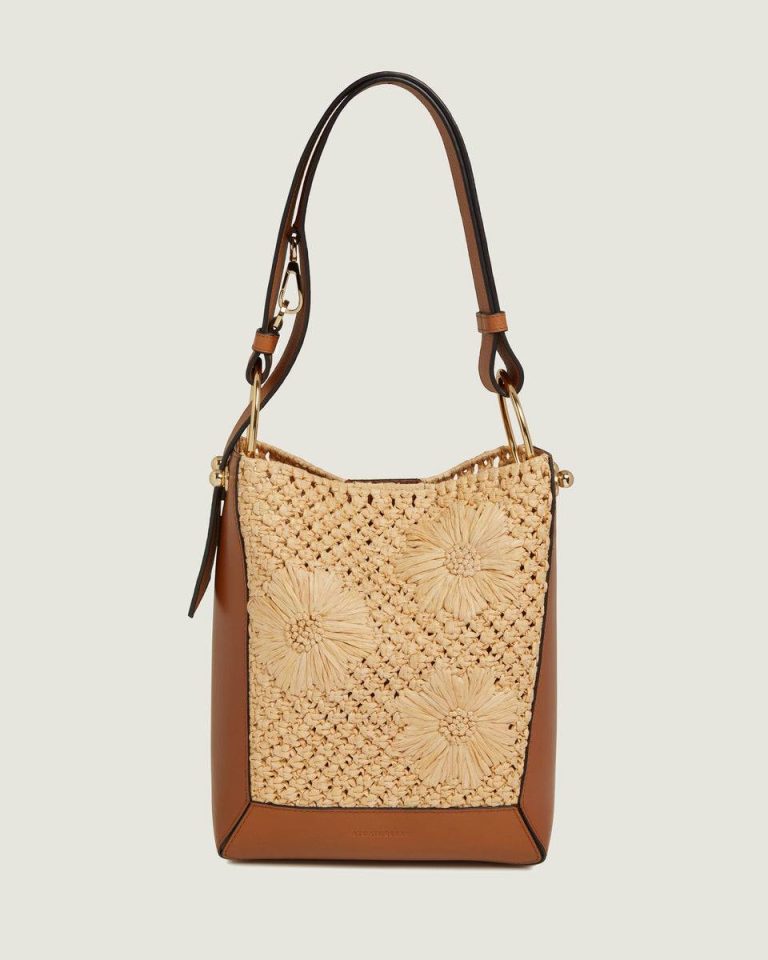 Women Strathberry Shoulder Bags Lana Midi Bucket Bag Floral Paper Raffia/Tan - Image 3