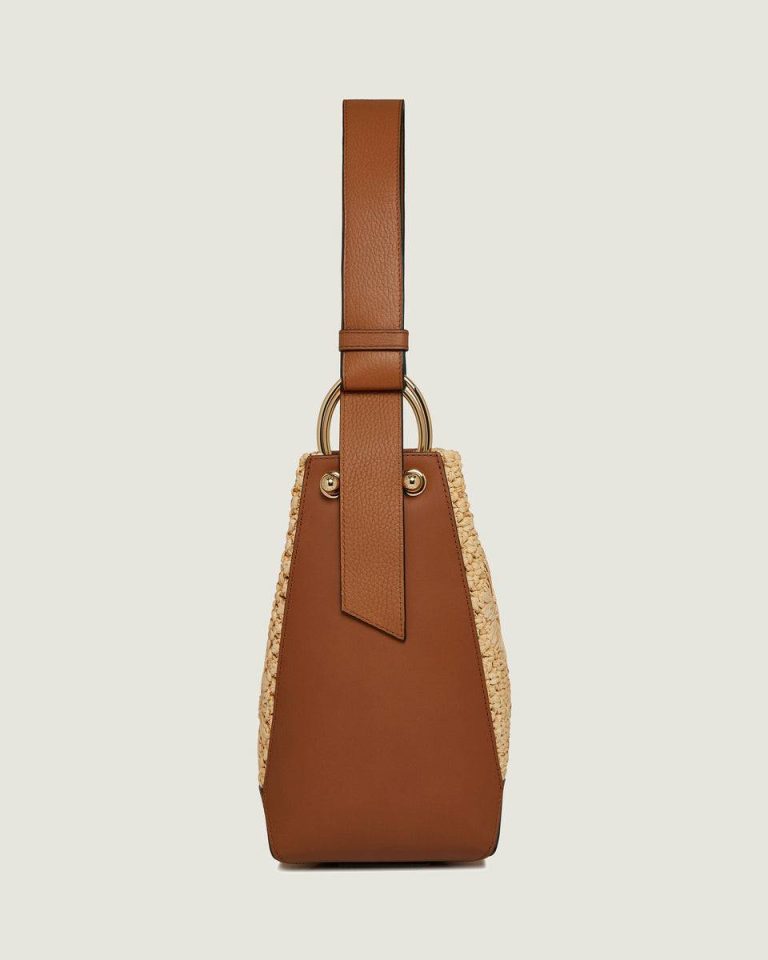 Women Strathberry Shoulder Bags Lana Midi Bucket Bag Floral Paper Raffia/Tan - Image 4