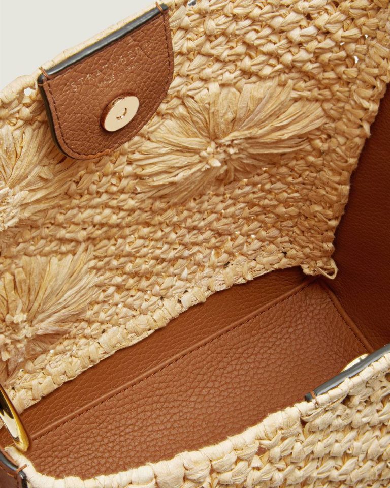Women Strathberry Shoulder Bags Lana Midi Bucket Bag Floral Paper Raffia/Tan - Image 5