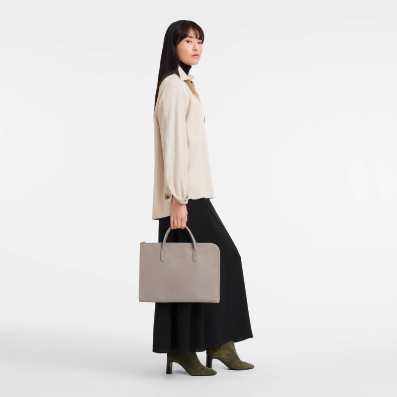 Le Foulonné S Briefcase Turtledove - Leather Longchamp Women Turtledove Leather Bags - Image 2