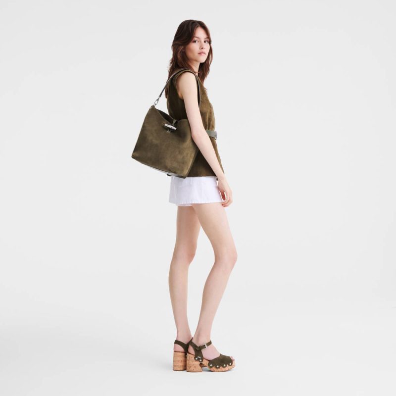 Le Roseau M Hobo Bag Olive - Leather Olive Women Longchamp Leather Bags - Image 2