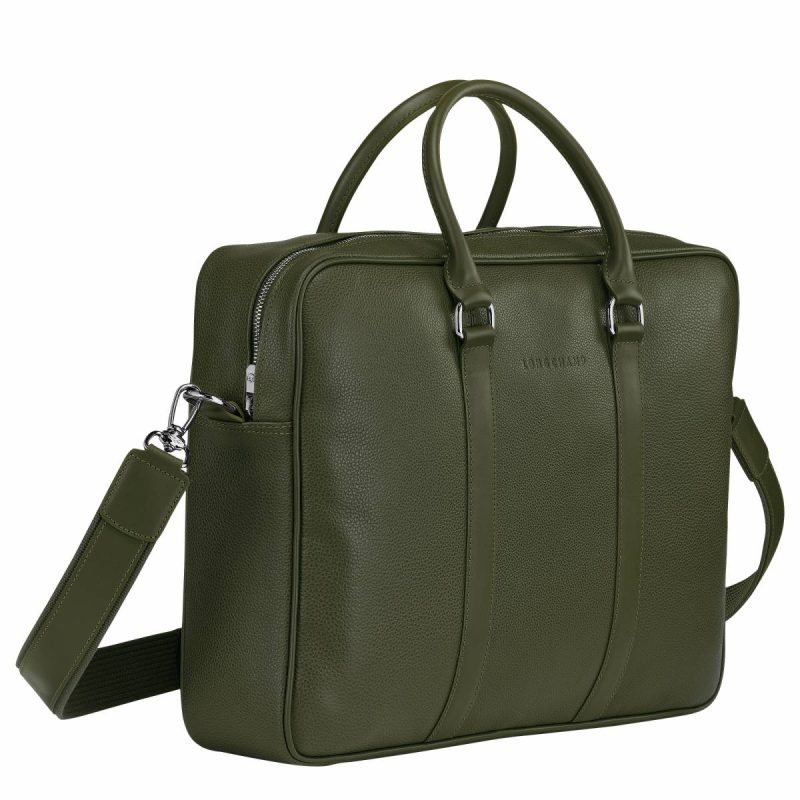 Leather Bags Le Foulonné M Briefcase Khaki - Leather Khaki Longchamp Women - Image 3