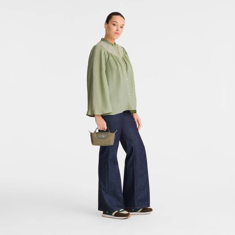Longchamp Le Pliage Green Pouch With Handle Artichoke - Recycled Canvas Pouches & Cases Artichoke Women