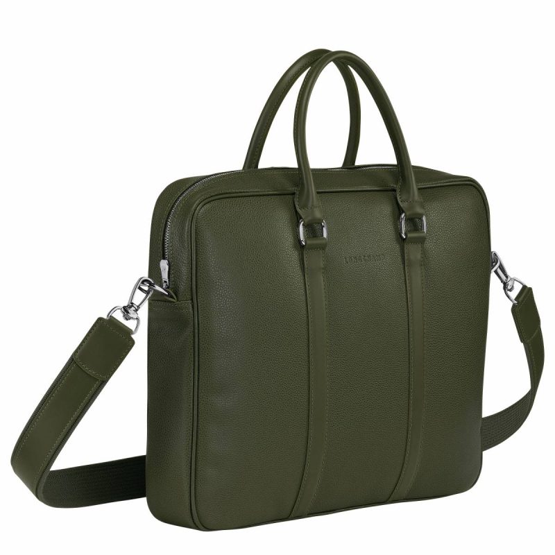 Women Le Foulonné S Briefcase Khaki - Leather Longchamp Khaki Leather Bags - Image 3