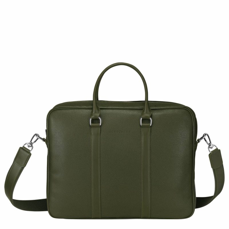 Women Le Foulonné S Briefcase Khaki - Leather Longchamp Khaki Leather Bags