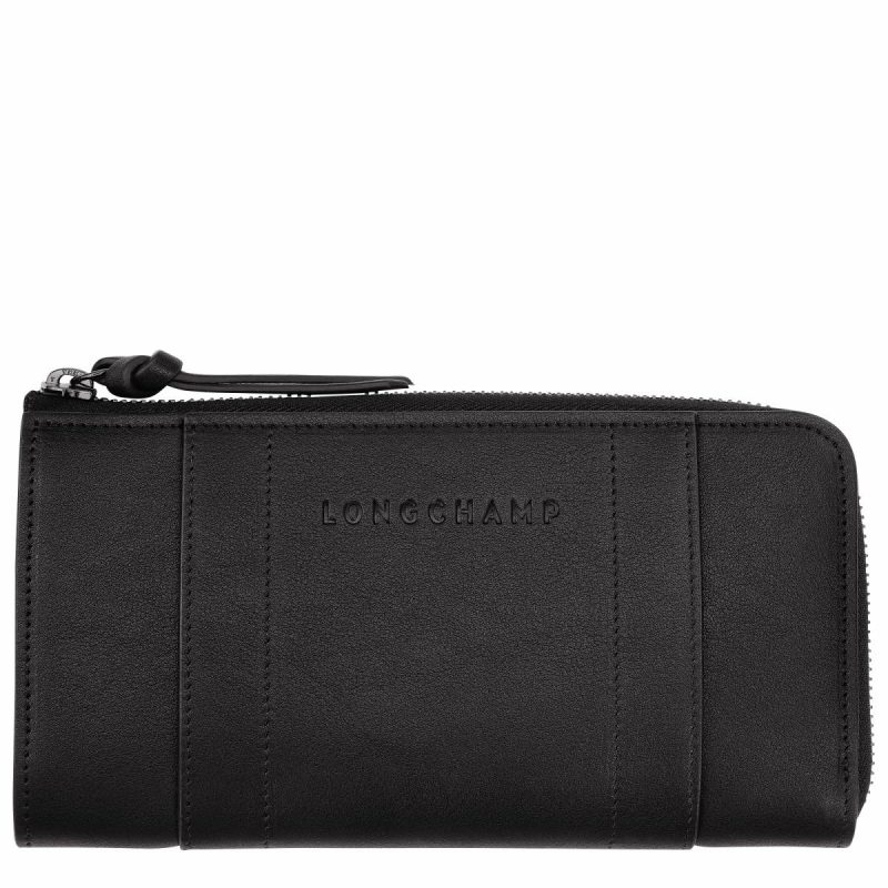 Women Longchamp 3D Zip Around Wallet Black - Leather Black Leather Wallets